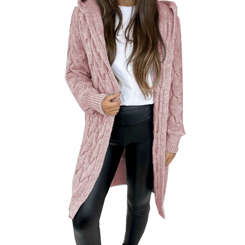 Ladies chunky knit coat with hood and braided design Lune London
