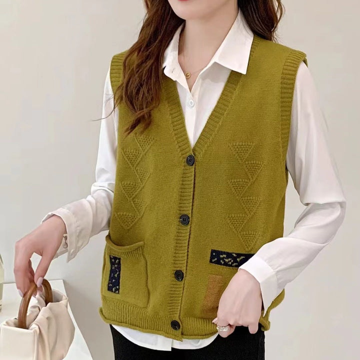 Knitted vest for women with V-neck and decorative pockets Lune London