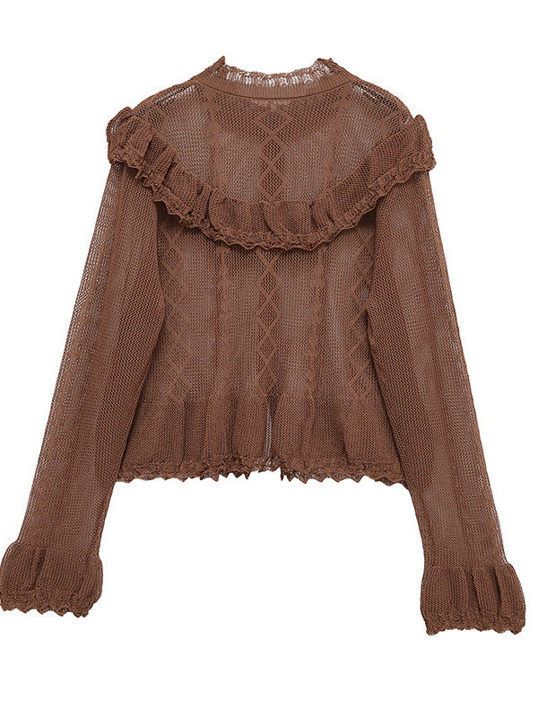 Ladies fine cardigan with ruffle details and button placket Lune London