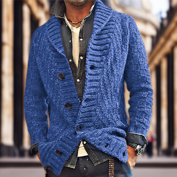 Men's knitted jacket with a modern cable pattern and Lune London button details