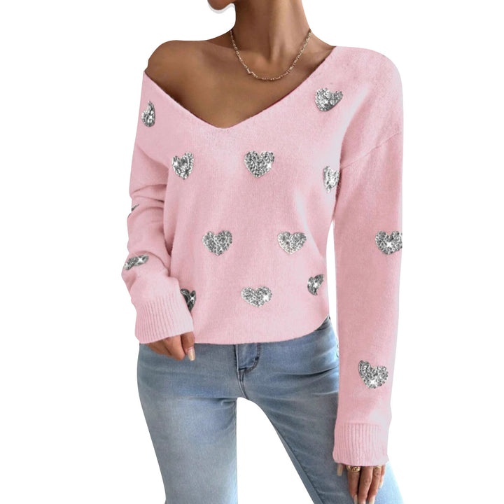 Pull surdimensionné pour femmes avec décolleté en V profond et motif cœur Chic & Stil