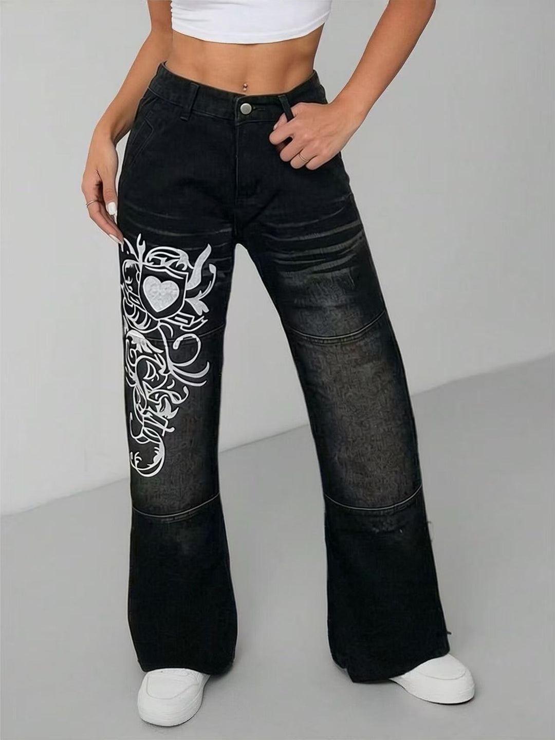 Women's wide jeans with intricate print Lune London