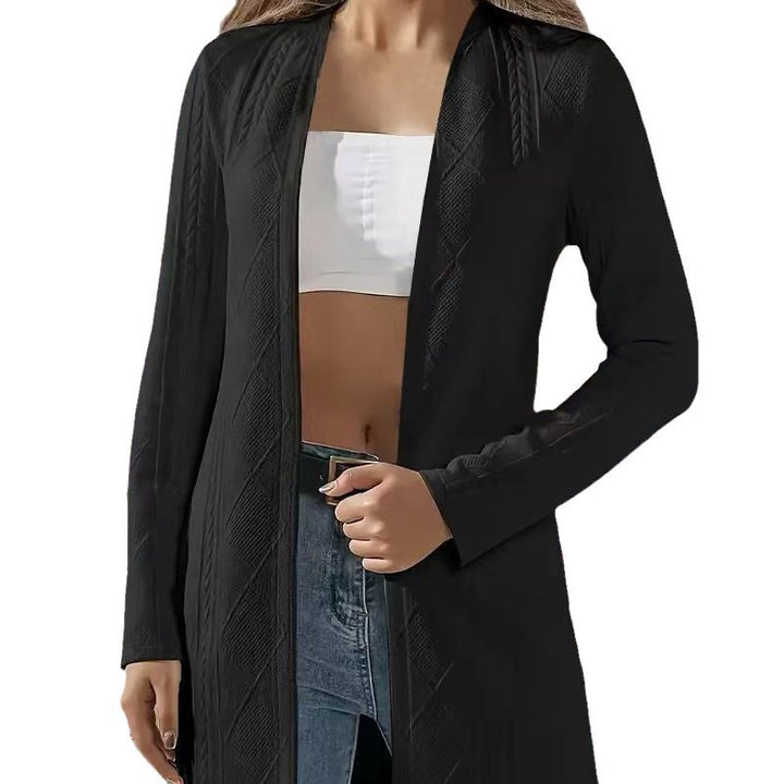 Elegant long women's jacket with a fine structure design and an open cut Lune London
