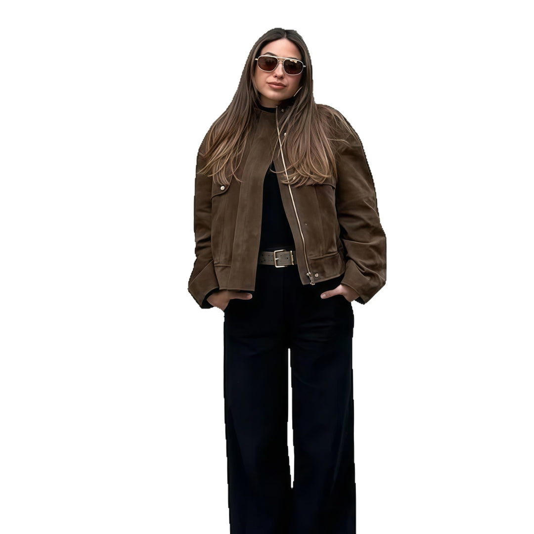 Ladies Elegant Synthetic Leather Jacket with Modern Chic High Collar and Style
