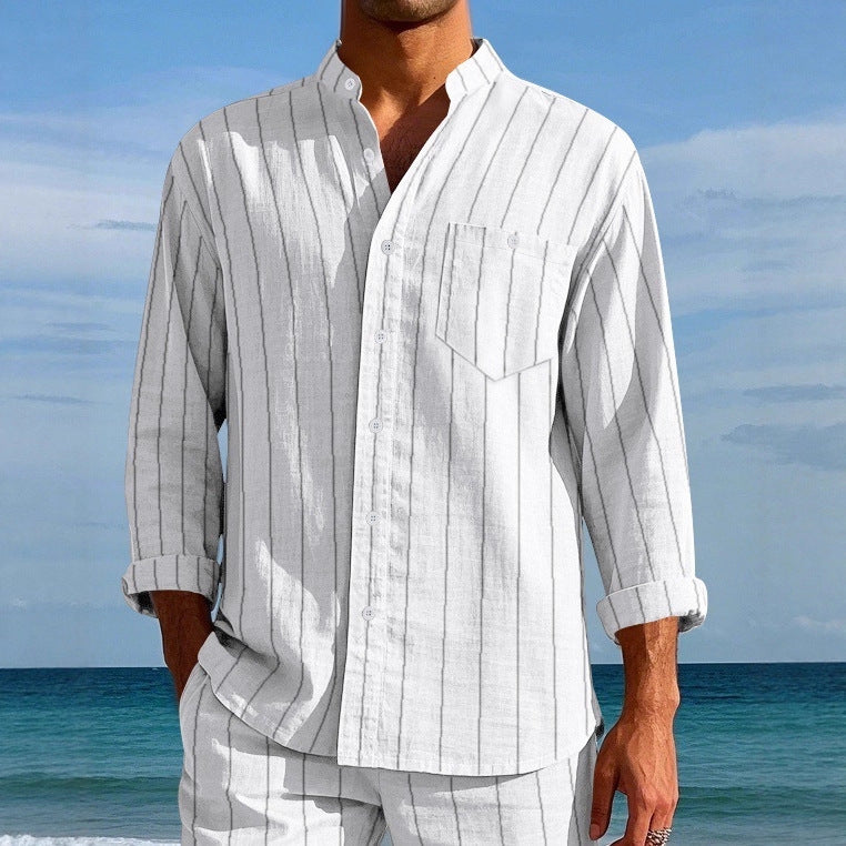 Men's long sleeve shirt with modern stand-up collar and fine striped pattern Lune London