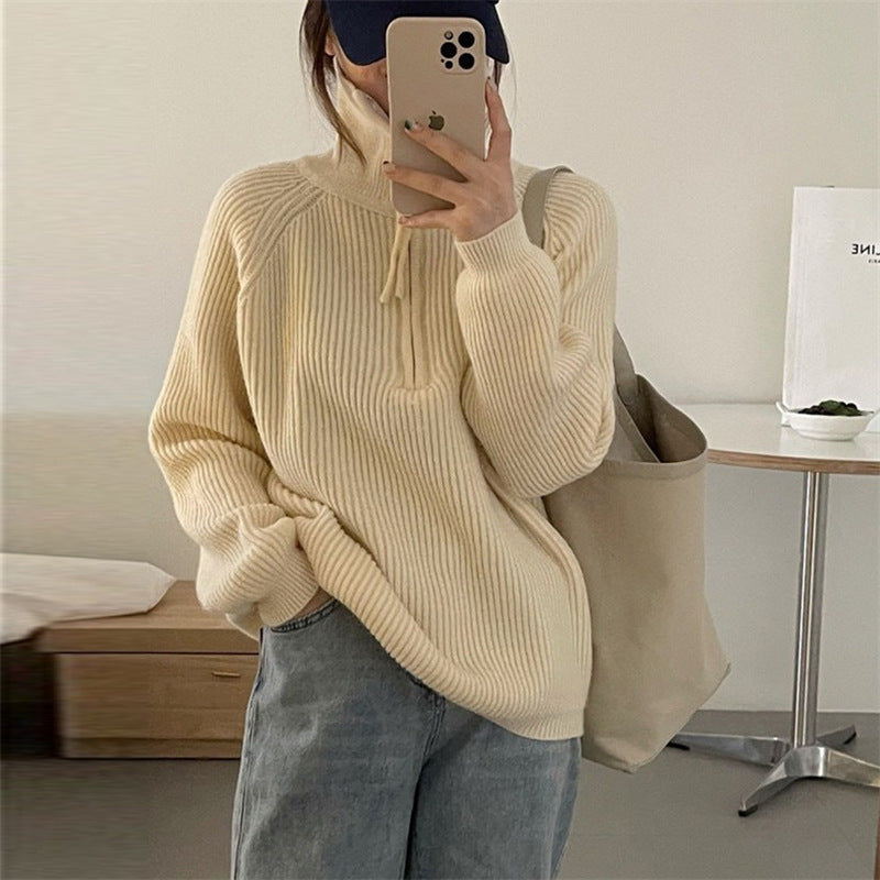 Ladies light knit sweater with high collar and decorative zipper Lune London