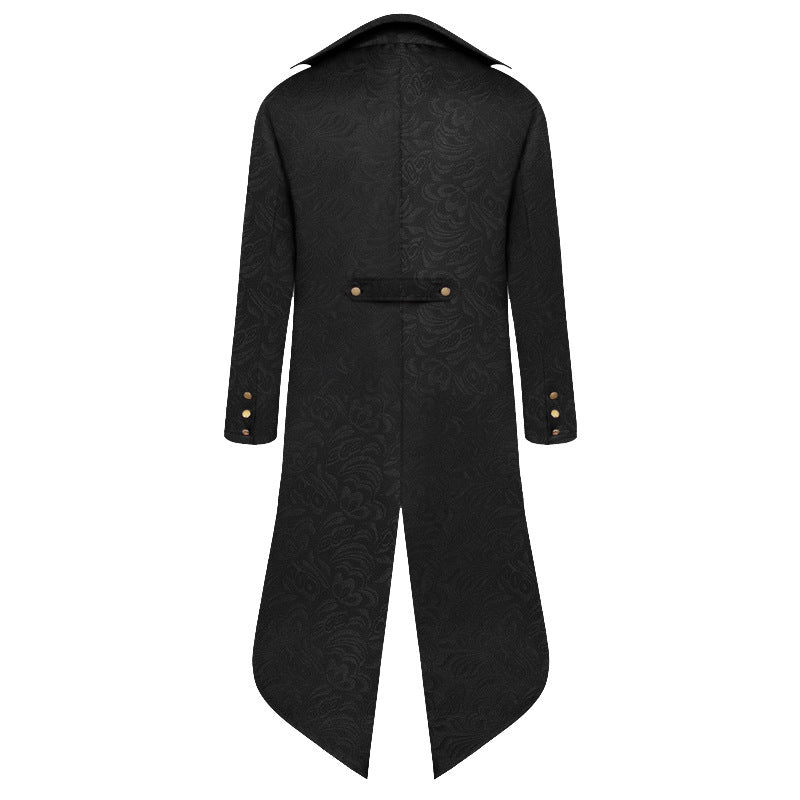 Victorian high collar coat for women with a detailed pattern and faux leather accents Lune London