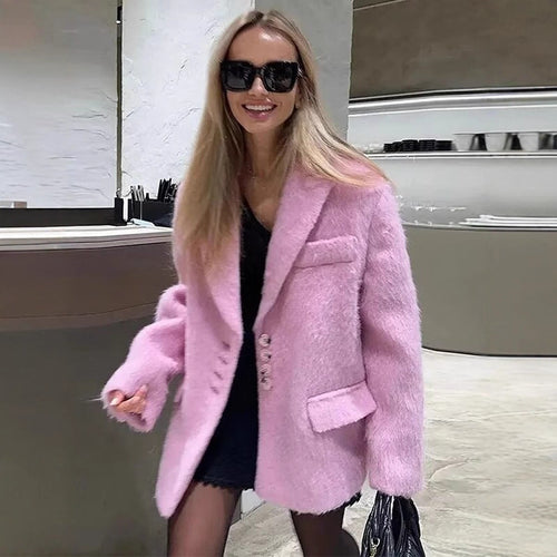 Elegant blazer for women with soft fur and decorative button details Lune London