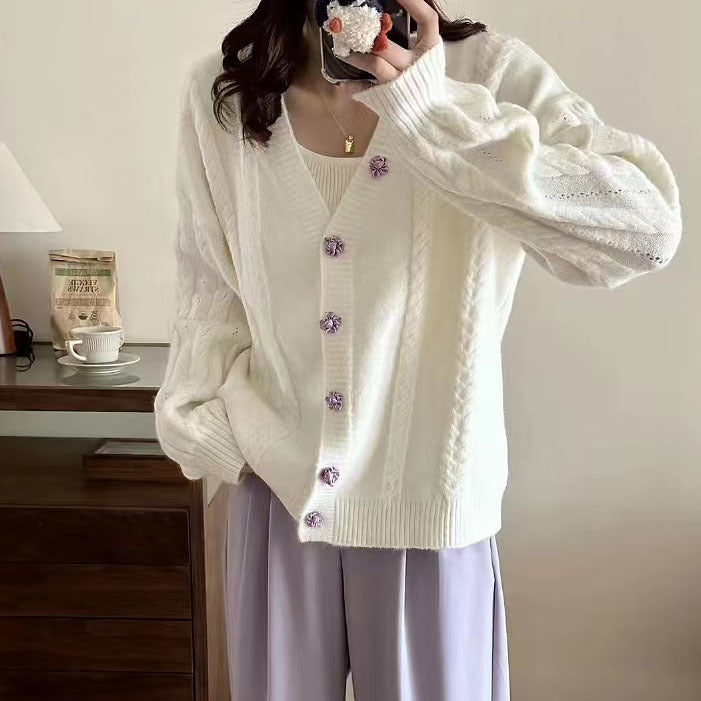 Women's knitted jacket with decorative buttons and a cable pattern Lune London