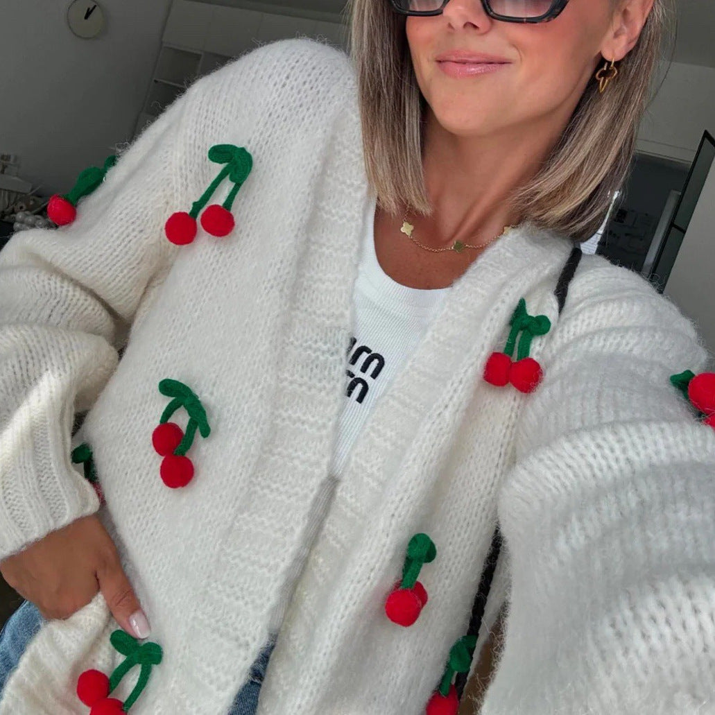 Knitted jacket for women with cheerful cherry pattern Lune London