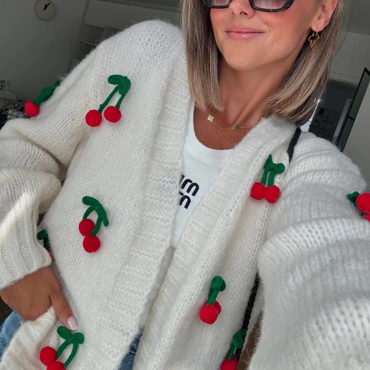 Knitted jacket for women with cheerful cherry pattern Lune London