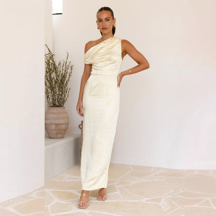 Women's Elegant Maxi Dress with Asymmetrical Cut and Decorative Draped Design