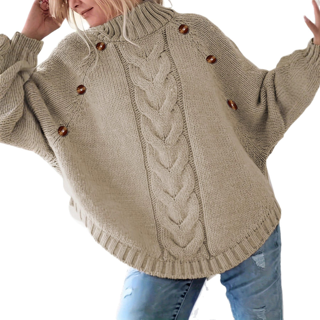 Oversized knitted sweater for women with high collar and decorative button details Lune London