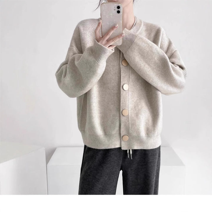 Oversized knit jacket for women with large wooden buttons and wide cut Lune London