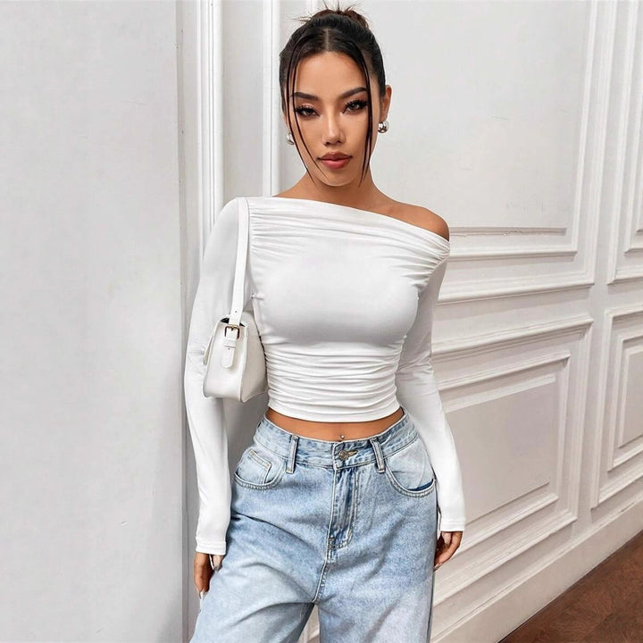 Women Long Sleeve Off Shoulder Top with Ruching Lune London
