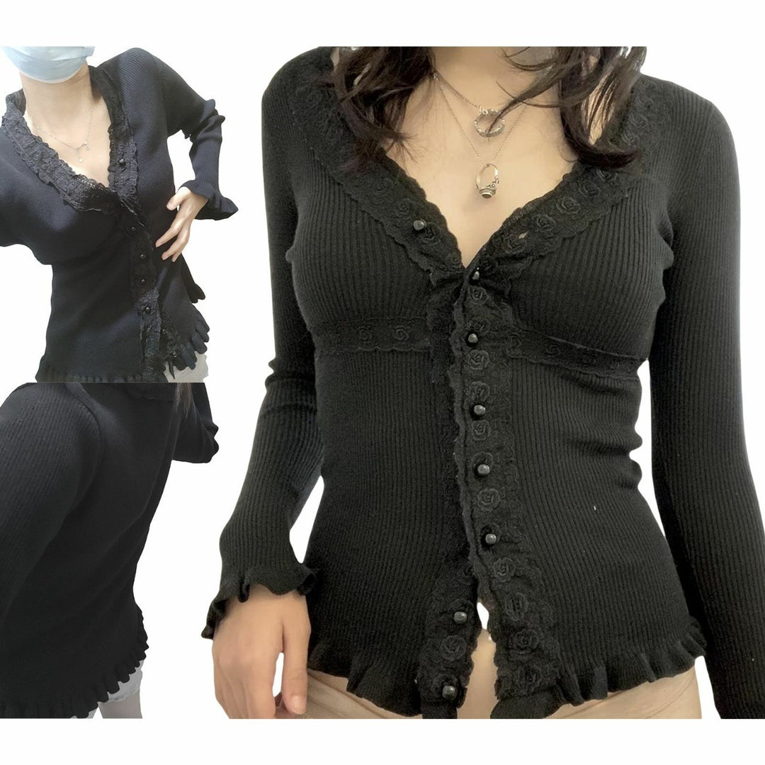 Women's knitted top with romantic lace and ruffle details Lune London
