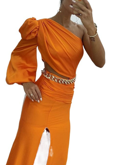Women’s maxi dress with one shoulder design and high neckline slit
