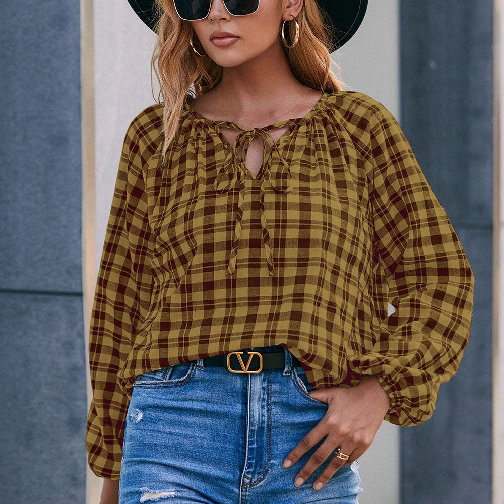 Shirt for women with check pattern and bow detail Lune London