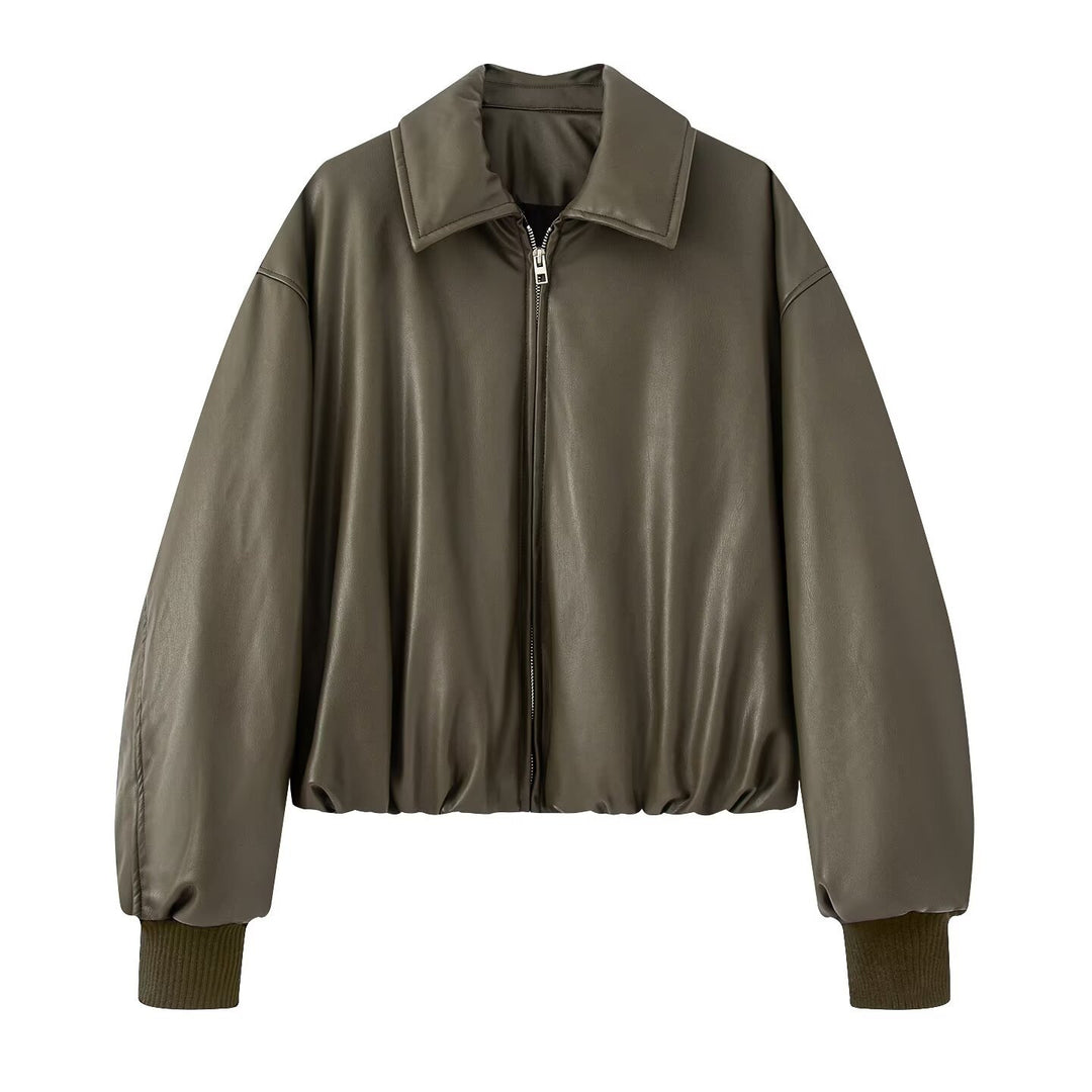 Fashionable faux leather jacket for women with elastic waist and high collar Lune London