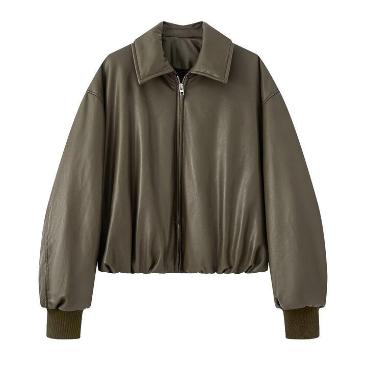 Fashionable faux leather jacket for women with elastic waist and high collar Lune London