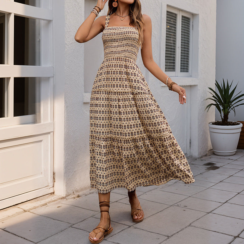 Midi ruffle dress inspired by bohemian style for women with adjustable spaghetti straps Lune London
