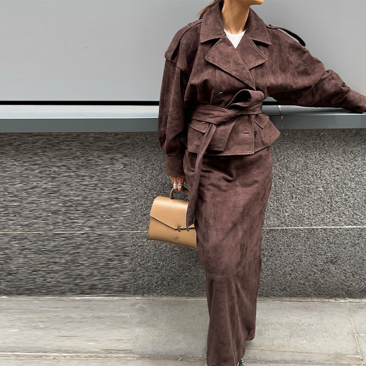 Suede leather jacket for women with matching skirt in a stylish set Lune London
