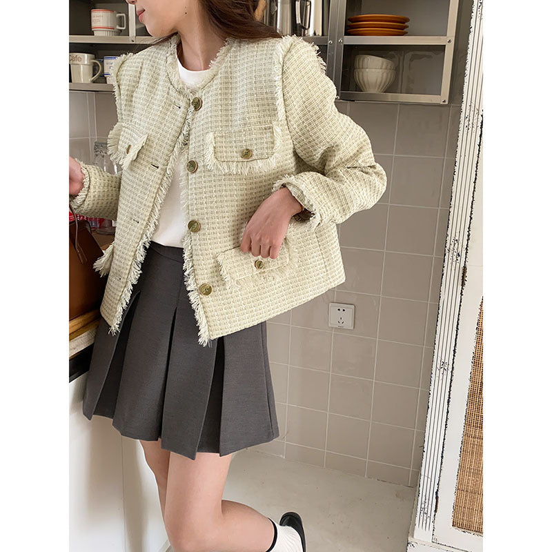 Women's cropped textured jacket with fringes and patch pockets Chic & Stil
