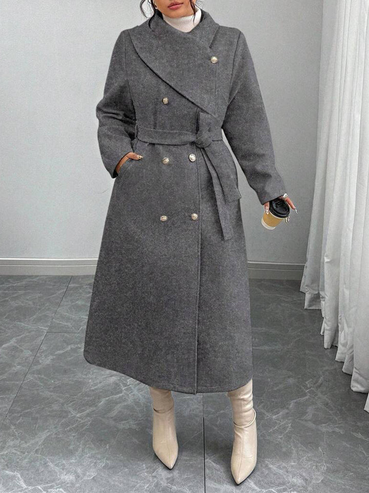 Manteau en laine élégant et chaud pour femmes avec patte de boutonnage double et une ceinture Chic & Stil