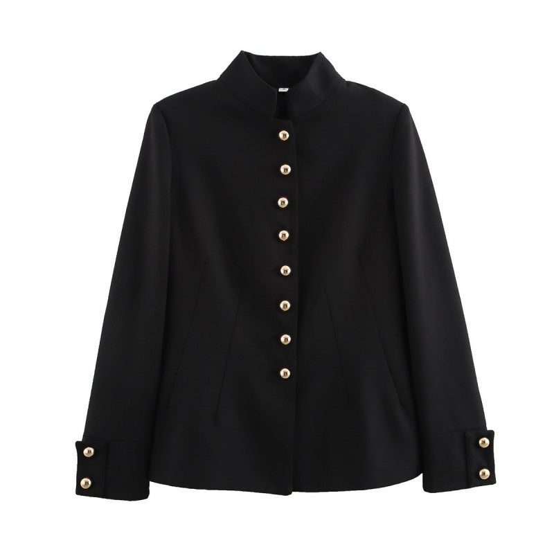 Elegant women's jacket with high collar and gold button details Lune London