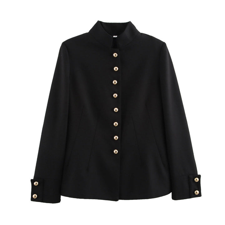 Elegant women's jacket with high collar and gold button details Lune London