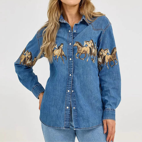 Ladies' denim shirt with creative horse design and high-quality cotton blend Lune London