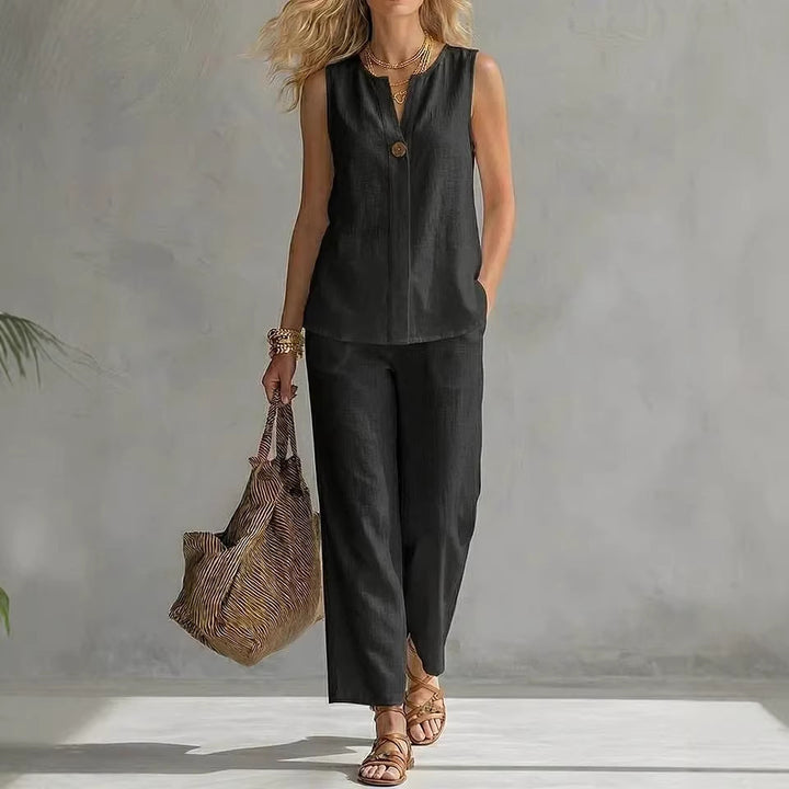 Women's Casual Two-Piece Set with Sleeveless Blouse and Trendy Pants Lune London