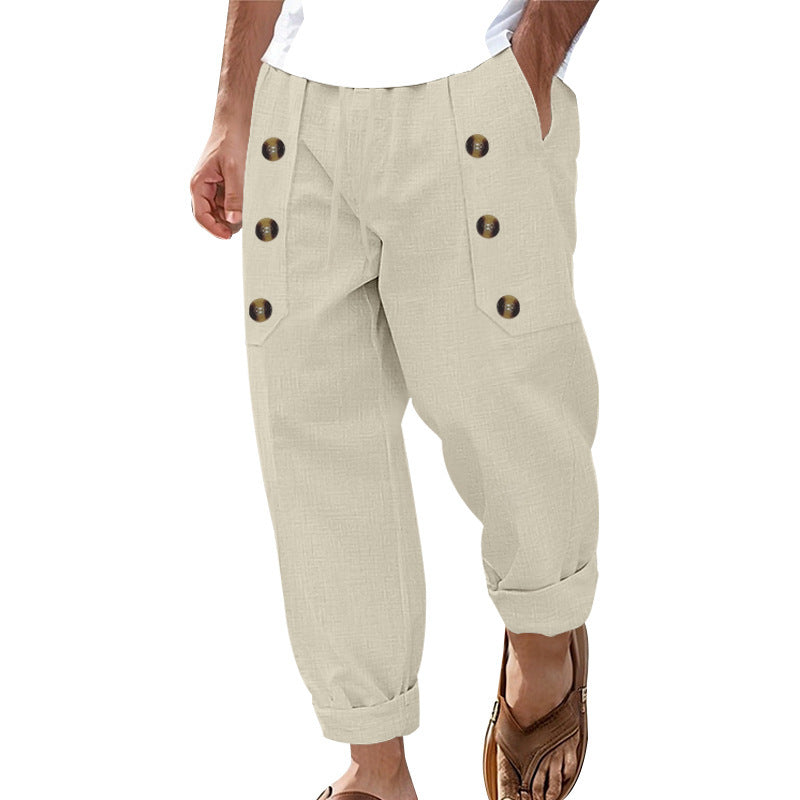 Casual linen cargo pants for men with practical buttons and side pockets Lune London