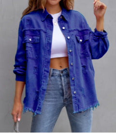 Ladies stylish overshirt jacket with fringed hem Lune London