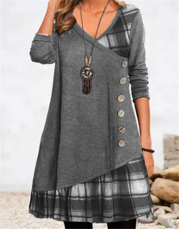 Asymmetrical casual dress for women with checkered hem and button detail Lune London
