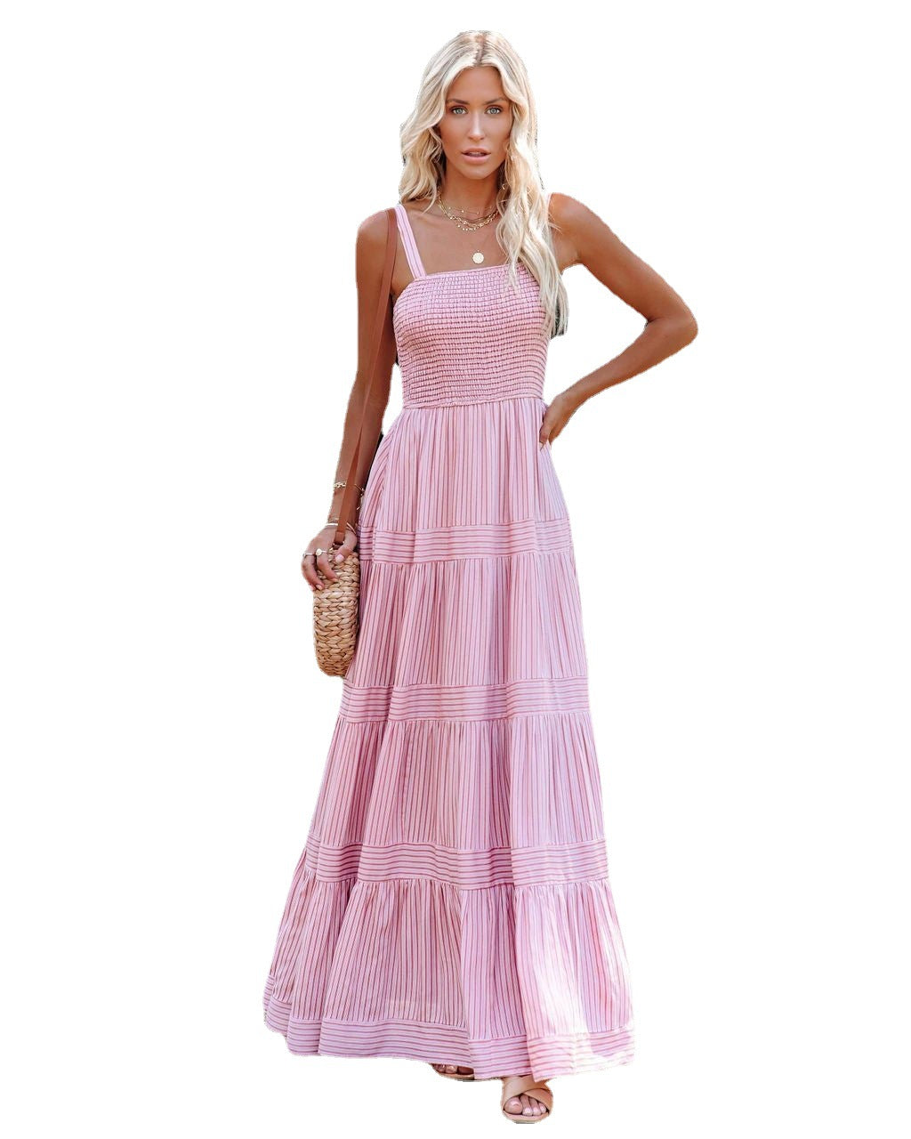 Long maxi dress for women, slightly flared, with gathers and spaghetti straps Chic & Stil