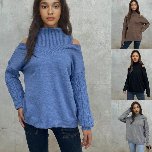 Knit sweater for ladies with an open shoulder design and an elegant high collar Lune London
