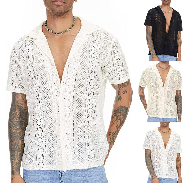 Short short-sleeve shirt for men with structured crochet pattern Lune London
