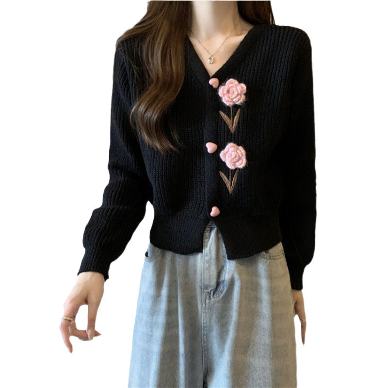 Knitted jacket for women with floral appliqués and V-neck Lune London