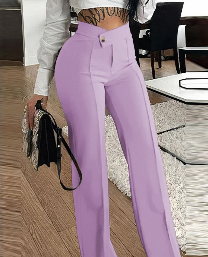 Ladies Elegant High Waist Pants with Decorative Button Details Lune London