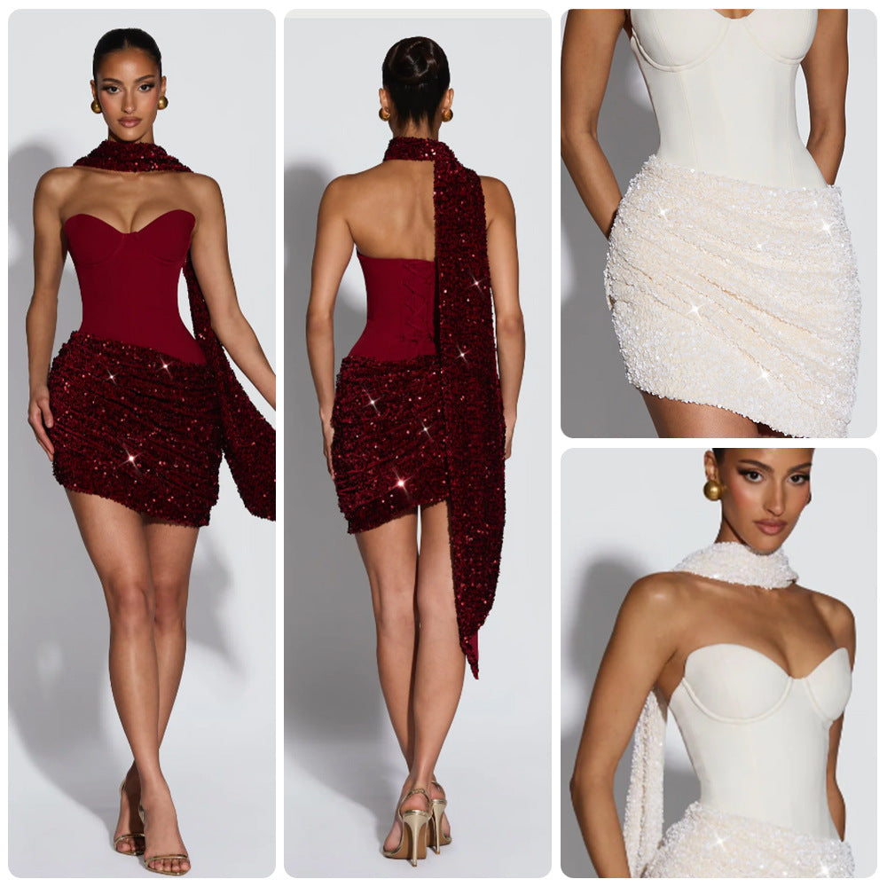 Ladies Glamorous Mini Dress with Figure-Hugging Bustier Top and Impressive Sequin Skirt Lune London