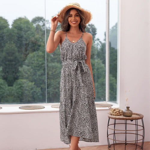 Maxi dress with ruffles without sleeves for women with tie belt detail Lune London