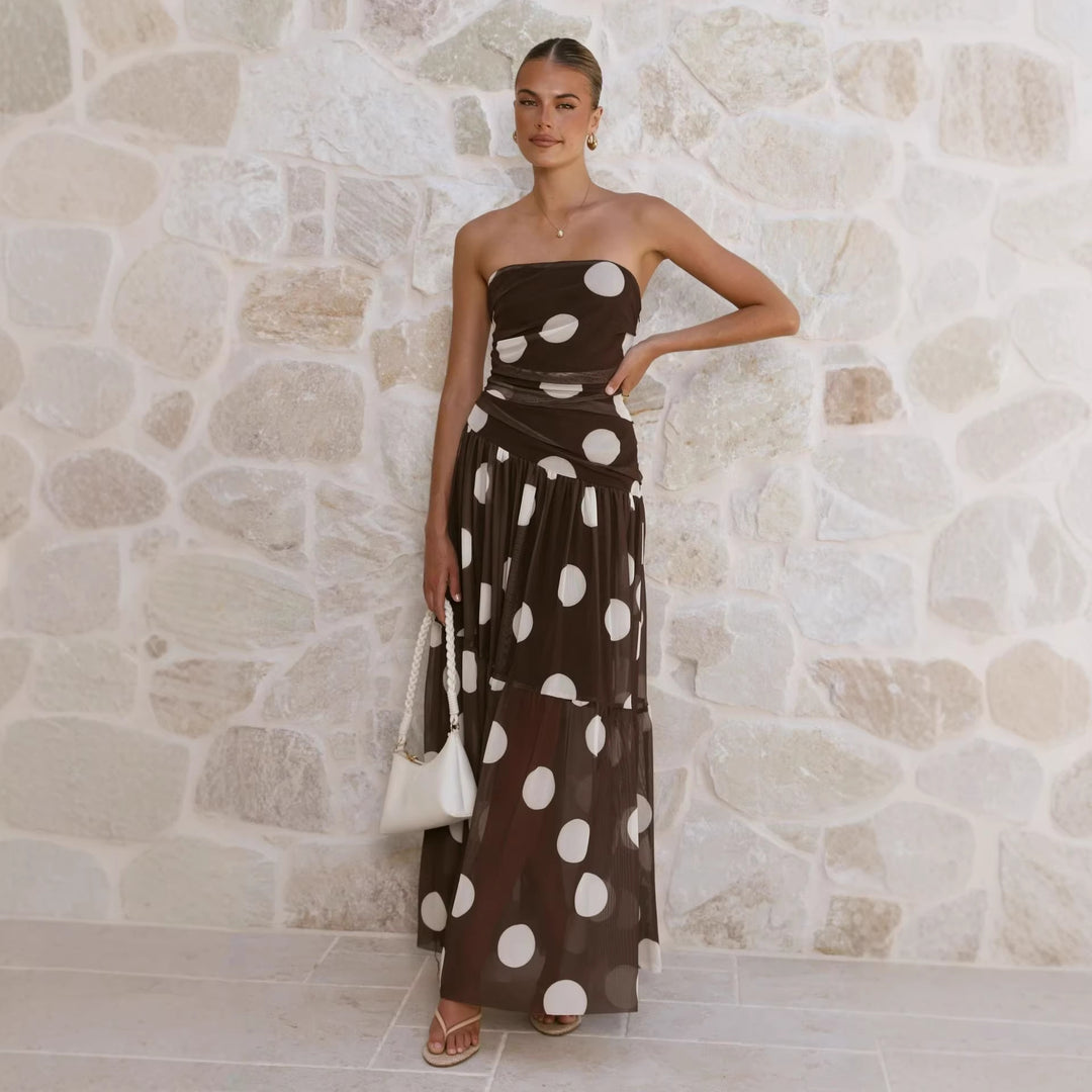 Women's maxi dress with off-the-shoulder cut and playful polka dot pattern Lune London