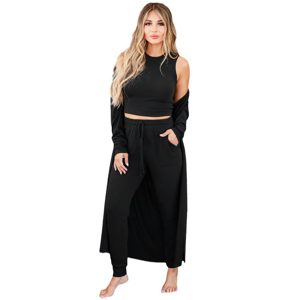 Ladies Long Cardigan with open cut and casual fitted pants Lune London