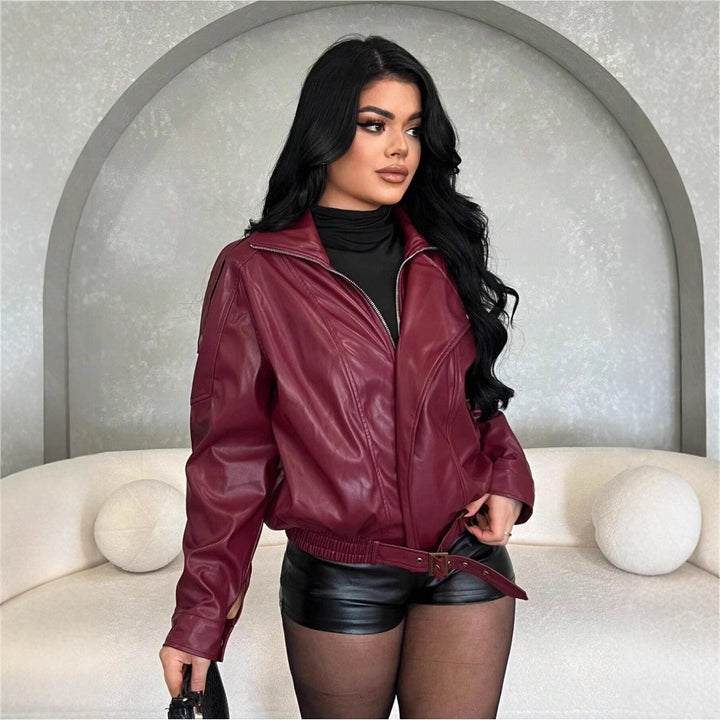 Faux leather jacket for women with a fitted cut and a decorative belt Lune London