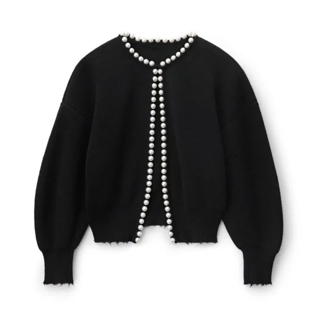 Women's knit jacket with striking bead embellishments and an open design Lune London
