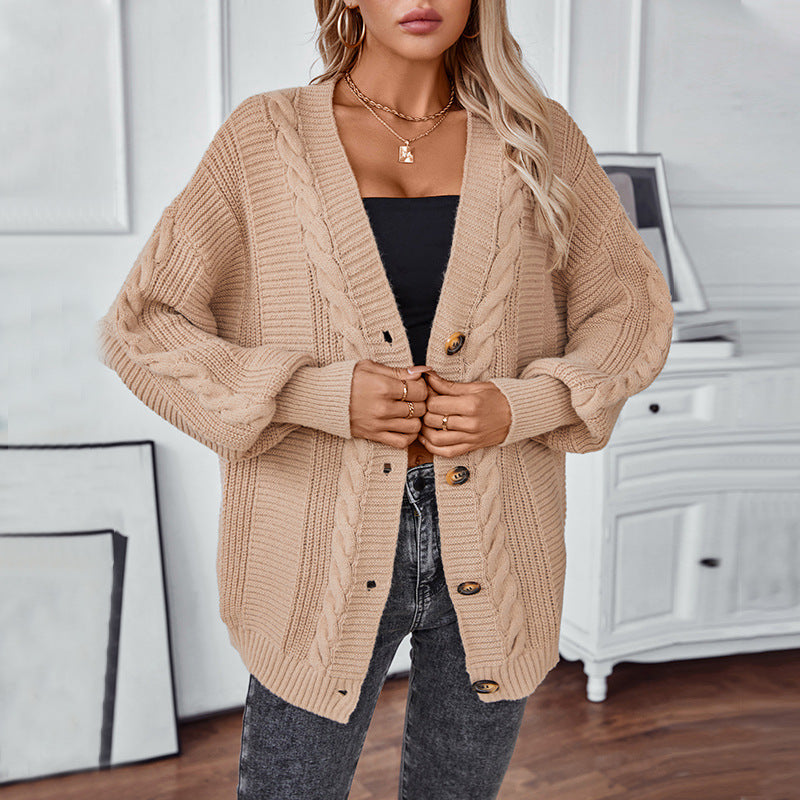 Knitted women's jacket with cable design and gold button details Lune London