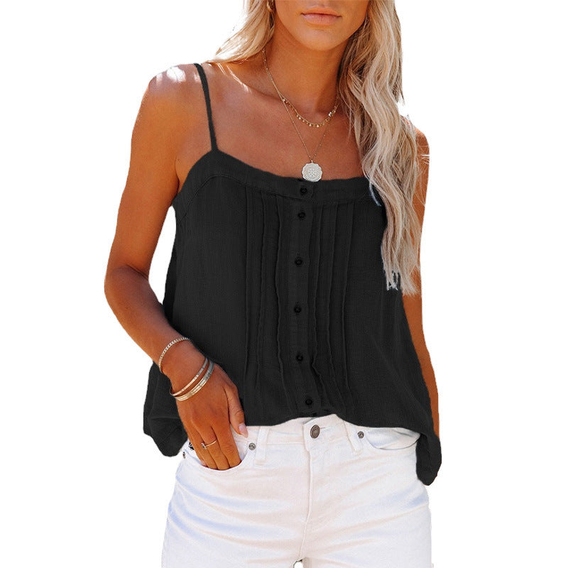 Lightweight women's tank top with spaghetti straps, plaid design and button details Lune London