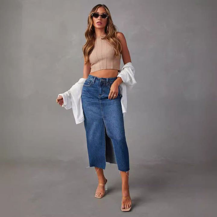 Chic & Stil High-Waisted Denim Pencil Dress with Side Slit