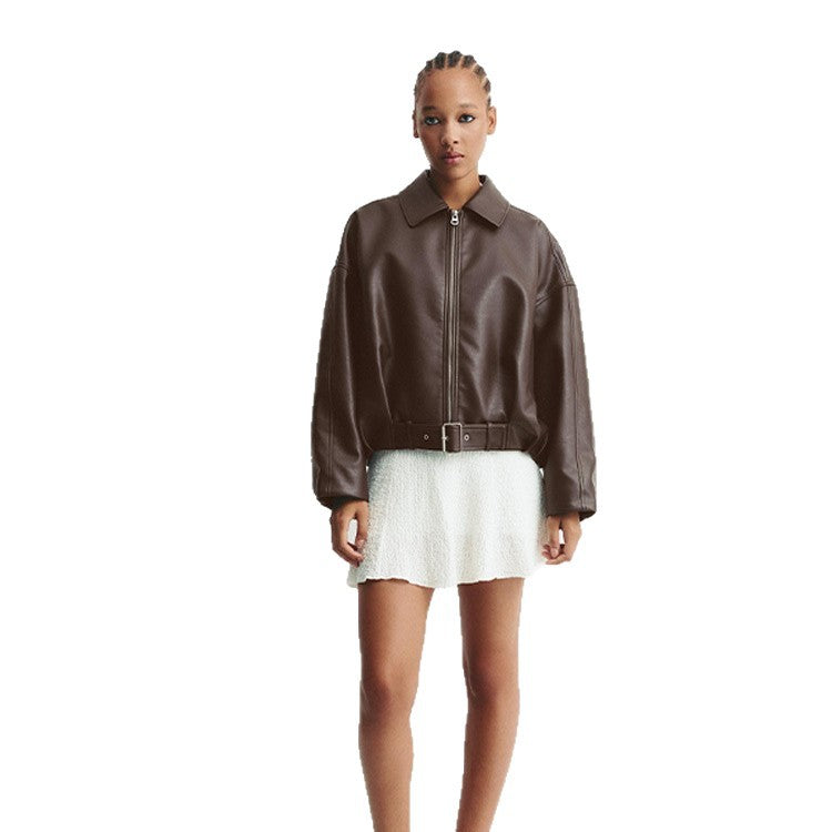 Fashion faux leather jacket for women with a loose fit and a waist belt Lune London